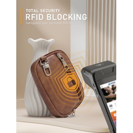 Flowston Small Dual Pouch Wristlet RFID Blocking Detachable Leather Keychain Wristlet Wallet Portable Coin Purse for Women and Men with ID Window Phone Tether Tab Beige Dark Brown