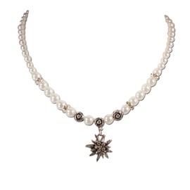 Heimatflüstern Costume Necklace Rhinestone Edelweiss Small & Pearls – Women's Pearl Necklace, Dirndl Necklace for Oktoberfest, Costume Jewellery Crystal Stone Edelweiss for Costume Blouse and Leather