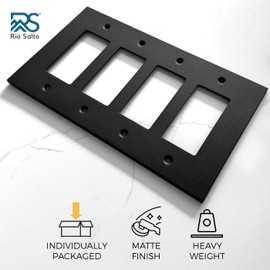 Rio Salto Forge Collection Matte Black Quad Rocker Wall Plate 4 Gang – Heavy-Gauge Metal Light Switch Cover 8.5" x 5" with Gold & Black Screws – Modern Decorative Wall Plates