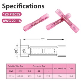 120 Pcs Heat Shrink Butt Connectors, Waterproof Insulated Electrical Wire Connectors, AWG 22-16 Crimp & Shrink Butt Splice Connectors Terminal for Automotive Marine Truck Trailer Stereo (Red)