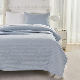 Brandream Kids Outer Space Bedding Set Twin Size Quilts Cotton Dusty Blue Space Astronaut Rockets Stitching Coverlet Set 2-Piece