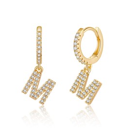 Initial Earrings for Women, 925 Sterling Silver Post 14K Gold Plated Small Huggie Hoop Earrings Letter M Initial Dangle Earrings Hypoallergenic Earrings for Women