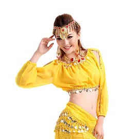 Grouptap Genie arabian slit long sleeve chiffon belly dance women 3-pc costume dress outfit (top, pants, waist scarf only) (Yellow, S)