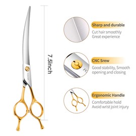 FOGOSP Curved Dog Grooming Scissors Professional 7.5" Grooming Shears for Dogs Pet Right Handed Groomer Japan 440C Stainless Steel (7.5 in Curved, Gold)