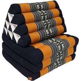 GURU SHOP Thai Cushion, Triangular Cushion, Kapok, Day Bed with 3 Cushions - Black/Orange, 30 x 50 x 160 cm, Asian Seat Cushion, Sleeping Mat, Thai Mat