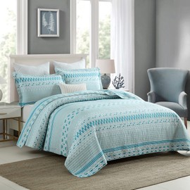 PERHOM Boho Quilt Set Queen - 100% Cotton Queen Size Bohemian Geometric Striped Pattern Quilt Bedding Set for All Season, Lightweight Bedspread/Coverlet/Comforter Set for Summer(3 Pieces, Blue Gray)