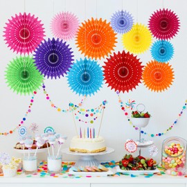 BestoFun Pack of 12 Colourful Paper Fan Set Orange Pink PomPoms Tissue Flowers Green Yellow Blue Hanging Flowers Garland Light Pink Light Purple Paper Fan Decoration for Birthday Wedding Carnival