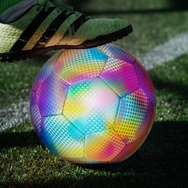 Holographic Reflective Glowing Soccer Ball for Night Games & Training, Glowing in The Dark Light Up Reflective Football with Camera Flash Reflects Light Toy Gifts for Boys, Kids, & Men (Size 5)