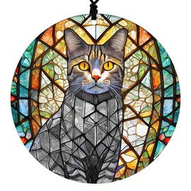 Grey Tabby Cat Christmas Ornament - Faux Stained Glass Embossed Design Effect - 2024 Acrylic Decoration For Tree - Unique Cat Gift and Home Decor