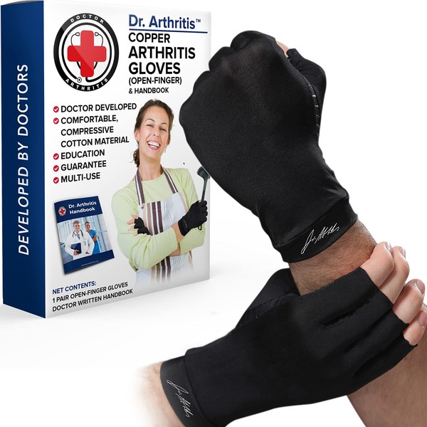 Designed by Doctors Osteoarthritis Gloves with Copper Compression Gloves for Women and Men Arthritis Gloves / Fingerless Gloves for Pain Relief and Warmth [Black, M]