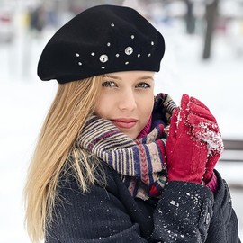 Beret Hats for Women, Rabbit Fur Beret Hat Flowers Rhinestone French Beret Cap Artist Painter Hat (Black)