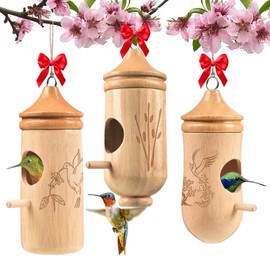 Hummingbird House, Solid Wood Hummingbird Houses for Outside-Exquisitely Handcrafted Birdhouse with Ribbon and String Hanging Kit, Durable Garden Decor, Perfect Gardening Gift(Style-EFG, 3 Pack)