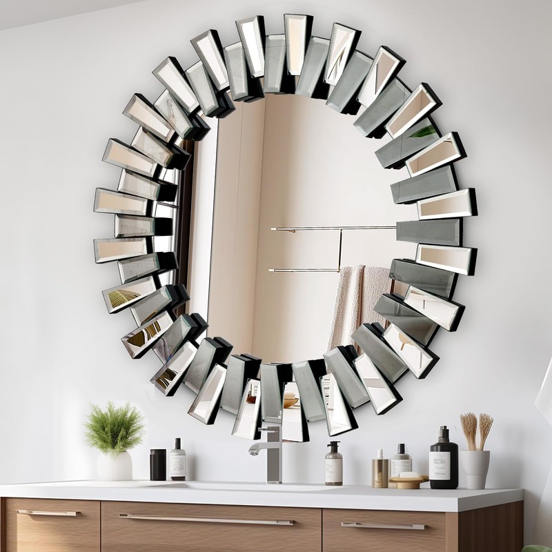 QDSSDECO Round Mirror Sunburst Wall Mirror 24" Beveled Edge Frameless