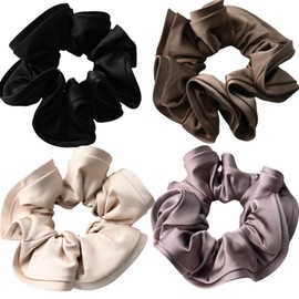 Satin Hair Scrunchies,pack of 4 Assorted colors,black,brown,grey,beige,all hair types,for girls and women
