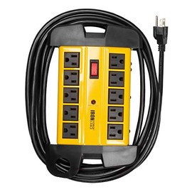 Iron Forge Cable Iron Forge - Cable de 10 tomas, protector de sobretensión, tira de alimentación con disyuntor integrado, 14/3 SJT negro y amarillo con cable de extensión de 15 pies