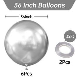 36 Inch Giant Silver Balloons, 6 Pack Large Round Metallic Latex Balloons for Anniversary, Birthday, Christmas, Wedding, Baby Shower Party Decorations (Metallic Silver)