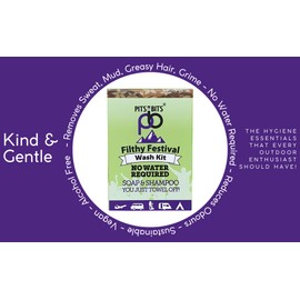 Filthy Festival Wash Kit - no rinse shampoo 100ml / rinse free body wash 100ml and 9 pack compostable expanding wipes. The ultimate camping essential x 1Kit