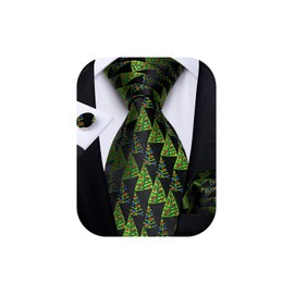 DiBanGu Christmas Ties for Men Xmas Holiday Necktie and Pocket Square Cufflinks Set Vacation Festive Necktie with Gift Box, Green Christmas Tree and Black