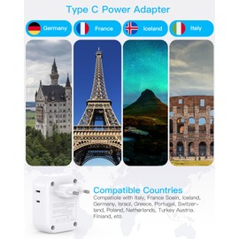 2 Pack PD 20W European Travel Plug Adapter USB C, US to Europe Adapter Plug 4 Outlets 4 USB Ports, 2 Type C International Power Adaptor to Italy Spain France Portugal Germany, Europe Travel Essentials