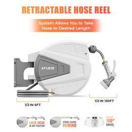 Ayleid Retractable Garden Hose Reel,1/2 in x 130 ft Wall Mounted Hose Reel, with 9- Function Sprayer Nozzle, Any Length Lock/Slow Return System/Wall Mounted/180°Swivel Bracket (Grey)