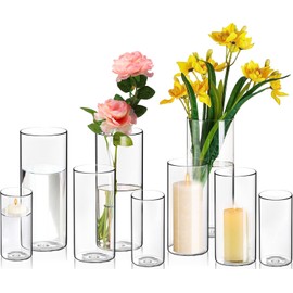 9 Pack Cylinder Vases- for Centerpieces, 6,8,10 Inch Clear Glass Cylinder Candle Holder- for Weeding Centerpirces Decoration Tall Clear Flower Vases, Hurricane Candle Holder for Party Home Decor