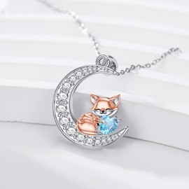 LONAGO Fox Moon Pendant Necklace Aquamarine Birthstone Fox Necklace Gift for Women (March)