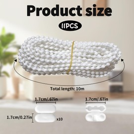 Roller Blind Cord, Roller Blind Chain Connectors, Roller Blind Chain, 1 Pcs 10 Meter Bead Chain 30 Bead Buckle Set for Roller Curtain, Roman and Vertical Blinds, Suitable for Room, Company, Office