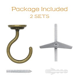 Ceiling Hook Large Swag Heavy Duty Hook with Hardware for Hanging Plants Ceiling Easy Installation Cavity Wall Dry Wall Indoor & Outdoor (2 Sets Antique Brass)