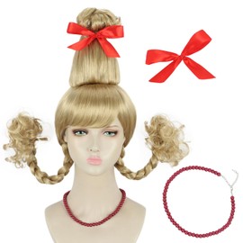 yuehong Long Blonde Braided Wig Christmas Cosplay Costume Wig with Red Bow and Red Necklace for Women