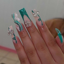 Gifiky Long French Press on Nails Square Fake Nails Swirl Nails Tips Full Cover Breen False Nails for Women and Girls 24Pcs