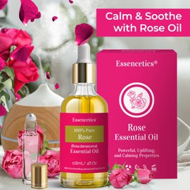 Essencetics Rose Essential Oil Blend - 4 Oz Glass Bottle with Dropper & Roll-On - 100% Pure & Organic - Infused with Natural Olive & Sunflower Oils - Perfect for Diffuser, Skin, Soap & Candle Making