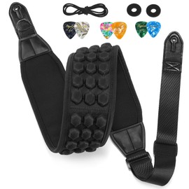 POGOLAB Guitar Strap, 3.5" Wide Air Cell Cushions Neoprene Padded Soft Comfortable Bass Strap, Adjustable Length from 47" to 55" with Strap Locks & Picks, for Bass Electric Guitar (Regular) Black