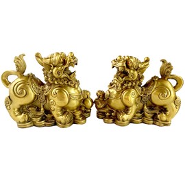 AMTOOCH Brass pixiu statue 2set,Feng Shui home Decor a pair pi yao brass sculpture,good luck golden wealth pixiu statue （4.4" L x 1.9" W x 3.6" H ）