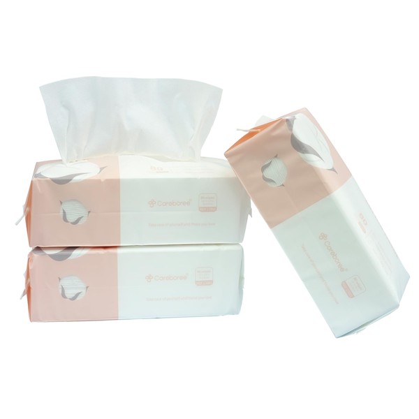Careboree Pack of 3 Extra Thick Facial Cleansing Dry Wipes Non-Woven Cotton Tissue Disposable Face Towel Makeup Removing
