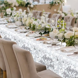 DPKOW 2 New Year's Eve Tablecloths, New Year's Eve Decoration 2025, Silver New Year's Eve Party Tablecloths, Happy New Year Decoration 2025, Table Decoration, New Year's Eve Party 2025, Disposable New