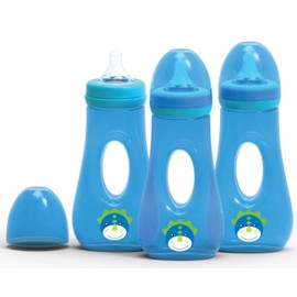 Avima Easy Grip Anti Colic Baby Bottles, BPA Free, 8 oz. Wide Neck with Medium Flow Silicone Nipples, Blue (Pack of 3)