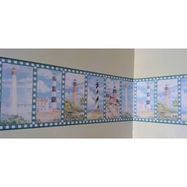 Lighthouse Wallpaper Border - Green/Blue Checks…