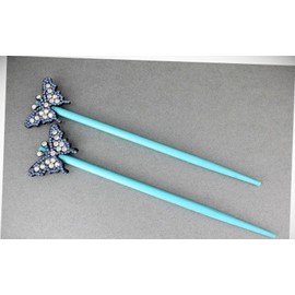 Perfect Hairstyle with Our Hair Accessories - Turquoise Set Of 2 Butterfly Hair Chop Sticks Wood Picks Pins Print 7 1/8" Long Fashionable Hair Accessory Hair Jewelry Accessories for Lady Women