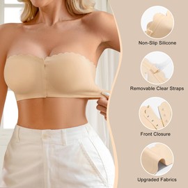 DEANGELMON Strapless Bra for Women Front Closure Non-Slip Padded Bandeau Bras Comfortable Wavy Edge Tube Top Bralette(1P1,S) Skin