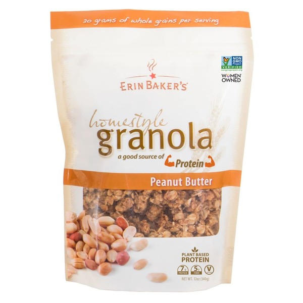 Erin Baker's Homestyle Granola, Peanut Butter, Ancient Grains, Vegan, Non-GMO, Cereal, 12-ounce bags (Pack of 6)