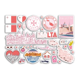 A5 Sticker Sheet Malta Pink Landmarks Vinyl Stickers - Maltese Map Airport Stamp Skyline Flag Travel Holiday City Country Aesthetic #80352