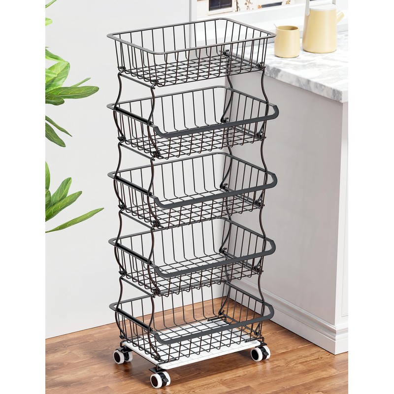 OKZEST 5 Tier Fruit Basket for Kitchen, Stackable Bins Wire
