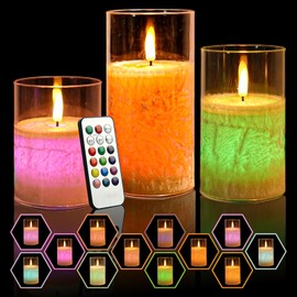 NICEME 12 Multi Colored Flickering LED Flameless Candles with Remote Control Timer Color Changing Candles Real Wax Battery Operated Candles with Flickering Flame Crystal Texture Design, D3”xH4 5 6”