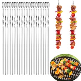 YUNYAN 23A014 Pack of 20 Flat Stainless Steel Barbecue Skewers 30 cm Kebab Skewers Barbecue Skewers Stainless Steel Grill Kabob Sticks BBQ Meat Skewers for Campfire BBQ Outdoor Parties