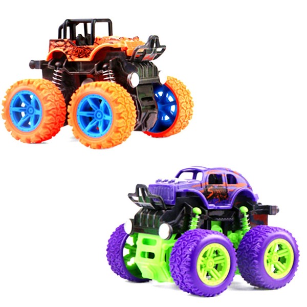 HONGCI 2 Pack Monster Trucks Toys - Inertia Car,Friction Powered Mini Push and Go Car,360 Degree Rotating Off-road Vehicle Toy Pull Back Car for 3-10 Year Old Boys Girls Kids Birthday Xmas Gift