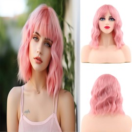 HWHRGL Short Bob Wigs with Bangs for Women 14inch loose wavy Wig Curly Wavy Shoulder Length Bob Synthetic Wigs Colorful Wavy Wigs for Cosplay Daily PartyUse (Pink, 14 Inch)