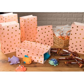 Party Treat Bags - 24-Pack Gift Bags Party Supplies, Paper Favor Bags, Recyclable Goodie Bags for Birthdays, Weddings, Baby Showers, Gold Foil Dots Design, Pink, 5.5 x 8.6 x 3 Inches
