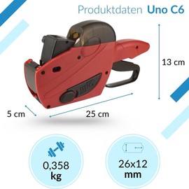 Price Gun Set | UNO C6 Labelling Device | Hand Labeler with 7,500 Labels | White "to Consume Until" in Red Permanent | Robust and Durable | PB-Onlinehandel