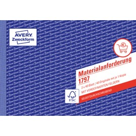 AVERY Zweckform 1797 Material Requirement (A5 landscape, 2 x 40 sheets, self-copying and 1 copy, for indicating quantity, description, cost center, consumption, booking and much more) white/yellow