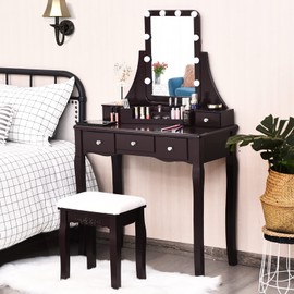 LDAILY Vanity Table Set with 10 LED Lights, Dressing Makeup Vanity with 360° Rotating Lighted Square Mirror, Cushioned Stool & 5 Drawers, Modern Bedroom Vanity Desk for Girls Women (Brown)